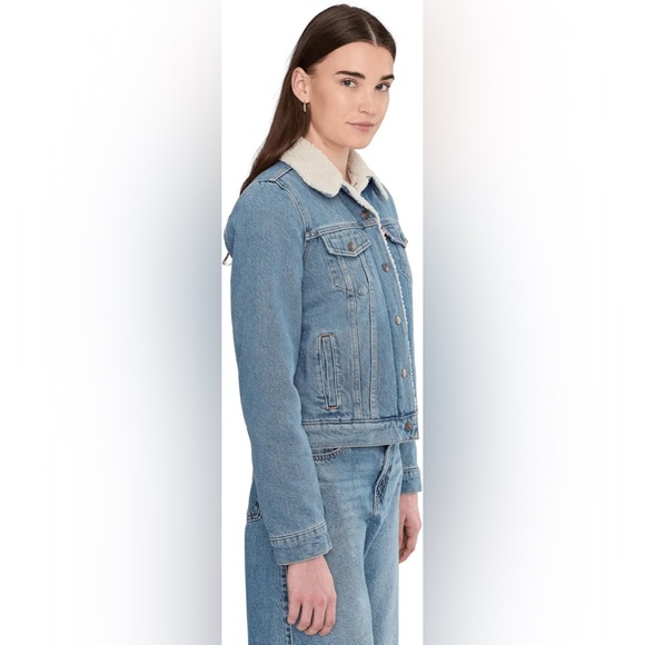 Levi's Original Cropped Sherpa Trucker Denim Jean Jacket Women's Large NWTs - Picture 3 of 16
